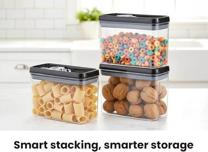 Felli Flip Tite Storage Container with Lid 4” RECTANGULAR Airtight Ring Flip Top, Stackable Kitchen Counter Pantry Organizer Acrylic Canister Jar for Pasta Spaghetti Cereal Granola Coffee (1.9qt)
