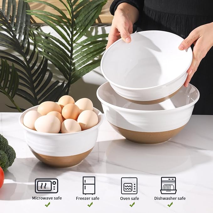 HASENSE Mixing Bowls, Large Ceramic Salad Bowls 2.1/1.5/1.0 Qt, Versatile Serving Bowls for Cooking, Baking, Salad Mixing, Prepping, Nesting White Bowl Set, Dishwasher Safe, Set of 3