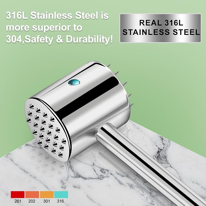 2-in-1 Real 316L Stainless Steel Meat Tenderizer Mallet Hammer,Dual-Sided Meat Tenderizer Tool with 19 Sharp Needles Spikes,Heavy Duty 1.09lbs Versatile Kitchen Pounder,Solid & Dishwasher Safe