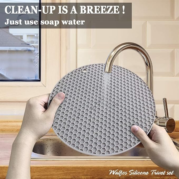 Walfos Silicone Trivet Mats - 4 Heat Resistant Pot Holders, Multipurpose Non-Slip Hot Pads for Kitchen Potholders, Hot Dishers, Jar Opener, Spoon Holder, Food Grade Silicone & BPA Free (Round)