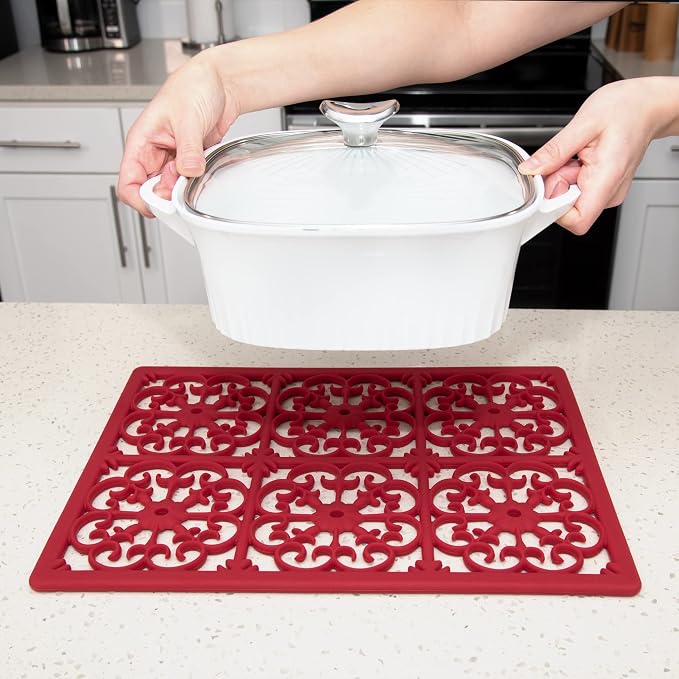 GASARÉ, Extra Large, Thick, Silicone Trivet for Hot Dishes, Pots, and Pans, Heat Resistant Mat for Countertop, Hot Pad for Kitchen, Easy to Clean, 16 x 12 x 3/8 Inches, Red