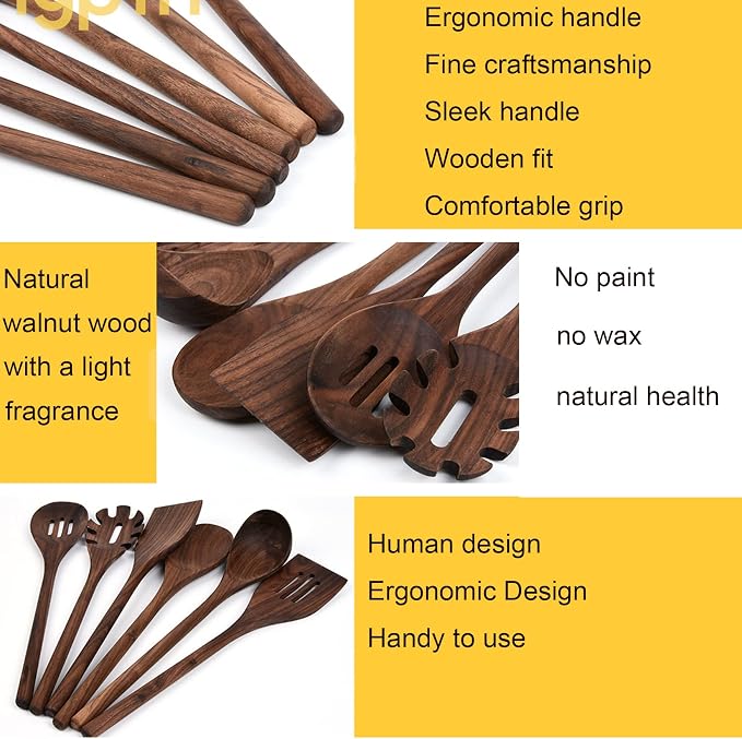 Kitchen Utensils Set 5 Pcs Black Walnut Wooden Cooking Utensils Set Wooden Spoons For Cooking Non-Stick Pan Wood Solid Slotted Spoon Spatula Turner Spaghetti Server Wooden Utensils For Cooking