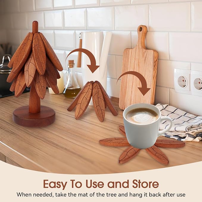 Tree Coasters, 5-Layer Wooden Trivets for Hot Dishes/Pot/Bowl/Teapot/Pans, Enhanced Heat Insulation Tree Shape Trivet Set, Gifts for Him/Her (Leaf Pattern - 5Pcs)