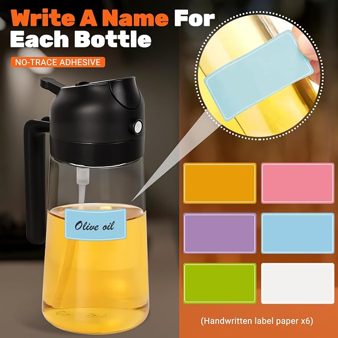 CJT 2 pcs 16oz/470ml Oil Sprayer for Cooking with labels, Food-grade Premium 2 in 1 Olive Oil Dispenser Bottle for Cooking,BBQ, Air Fryer,Salad,Baking(Green & Black)