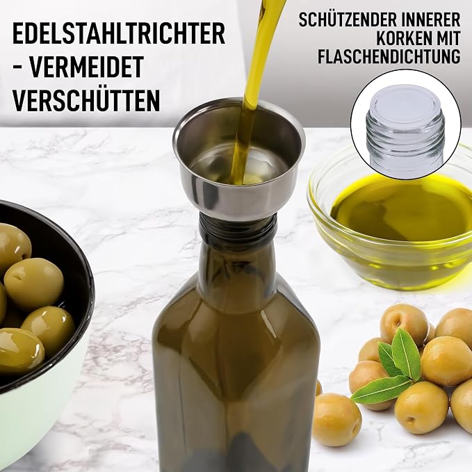 Zulay Kitchen 17oz Olive Oil Dispenser Bottle – Glass Oil Cruet with Spout, Funnel & Pourers, Easy-Pour Decanter for Kitchen Cooking and Serving (Dark Brown)