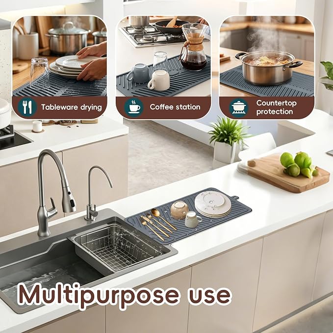 Silicone Dish Drying Mat with Drain Lip 16.8” x 7.8”, Heat-Resistant Sloped Sink Draining Tray for Kitchen Worktops, Draining Mat, Rack Mat, Multi-Purpose Hot Pads