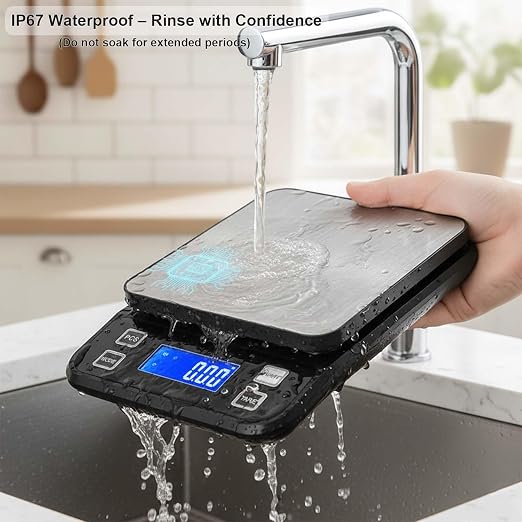 Waterproof Digital Kitchen Scale 0.1g/0.001oz Precision, Stainless Steel Electronic Scale with 3 Power Options (Rechargeable/AAA/Built-in), 10 Units Conversion, Smart Standby, 5kg/11lb Capacity