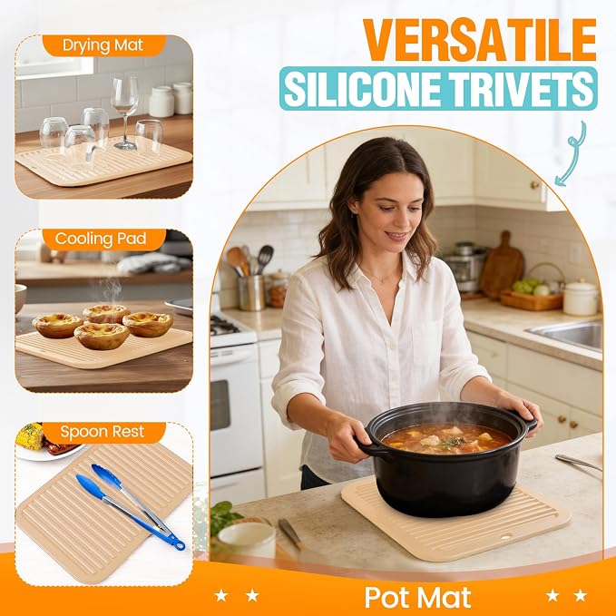 Silicone Trivets for Hot Pots and Pans - 4 Heat Resistant Pot Holders Silicone Trivet Mat Multipurpose Counter Pads (Ivory)