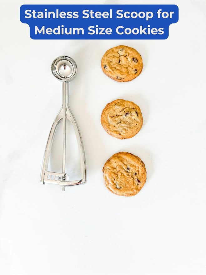 Jenaluca Medium Cookie Scoop, 18/8 Stainless Steel, 1.5 Tbsp, Size #50 | Disher for 2.5-inch cookies & mini cupcake batter. Squeeze release handle. Right and left handed use. Dishwasher safe.