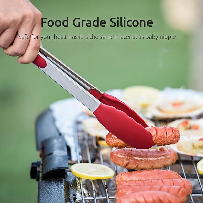 Kitchen Tongs, U-Taste 7/9/12 inches Cooking Tongs, with 600ºF High Heat-Resistant Non-Stick Silicone Tips, 18/8 Stainless Steel Handle, for Food Grill, Salad, BBQ, Frying, Serving, Pack of 3(Red)