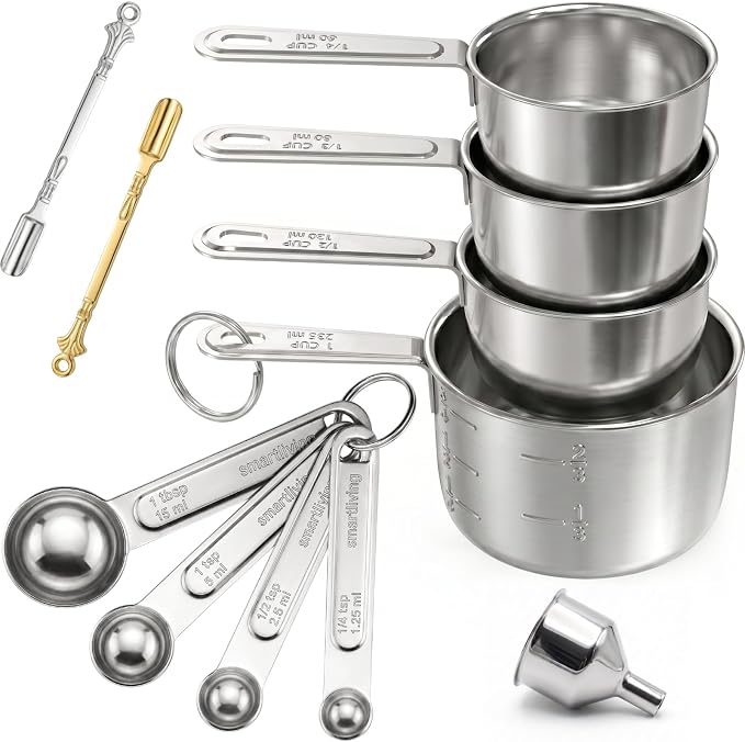 11 PCS Measuring Cups and Spoons Set with Funnel & Mini Spoons for Baking | Stainless Steel Build, For Dry & Liquid Ingredients, Dishwasher Safe, Clear Markings for Reading, Gift for Bakers & Cooks