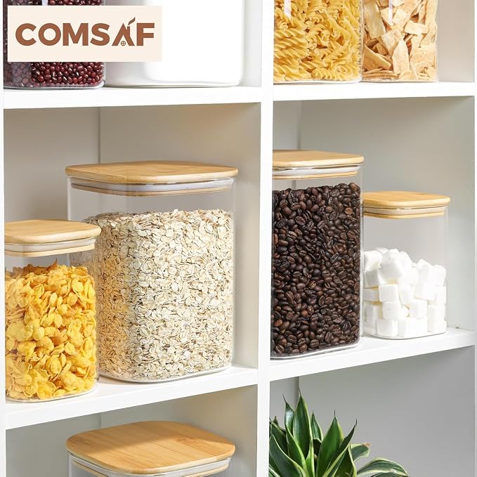 ComSaf Glass Storage Jars with Bamboo Lids 3.6 Qt Large Pantry Square | Cabinet Organization, Flour Sugar Coffee Beans, Pasta Cereal Dry Food, Big Capacity, Dry Food Storage