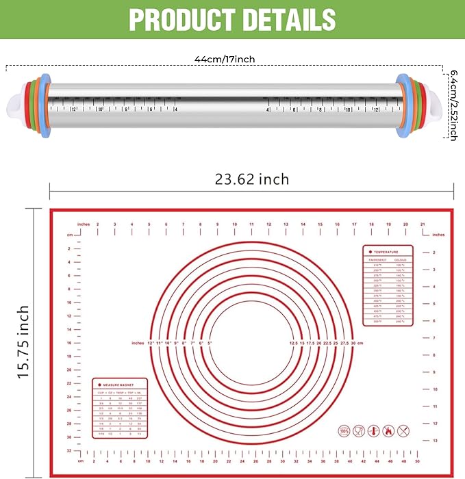 Adjustable Thickness Rings Rolling Pin & Silicone Baking Pastry Mat Set-Red | Stainless Steel Dough Roller,Baking Supplies for Cake Pop Cookie Fondant Pizza Cake Pasta