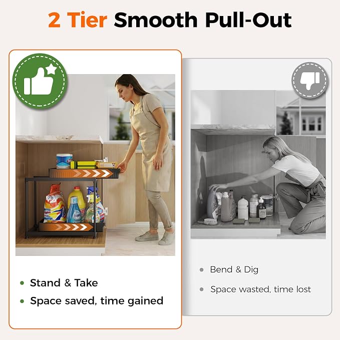 3-Pack 2-Tier Under Sink Organizers with Sliding Drawers | Multi-use kitchen & bathroom storage, 12.8 inch 2-Tier Sliding cabinet organizer, space-saving sliding drawer design.