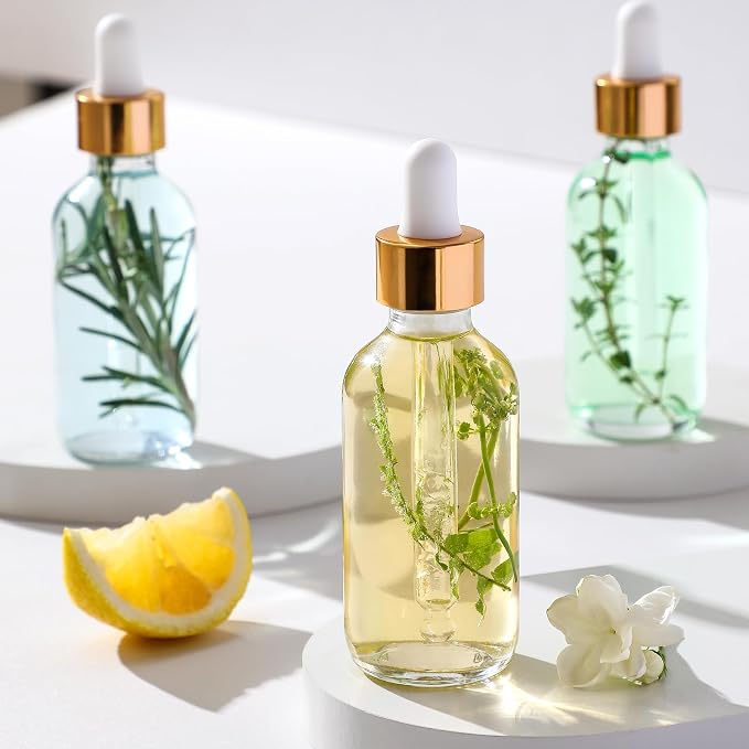 AOZITA Set of 4, 2 oz Golden Cap Clear Dropper Bottles (60ml) with 1 Funnel & 4 Labels - Glass Tincture Bottles for Essential Oils with Eye Droppers - Leak Proof Travel Bottles for Liquids