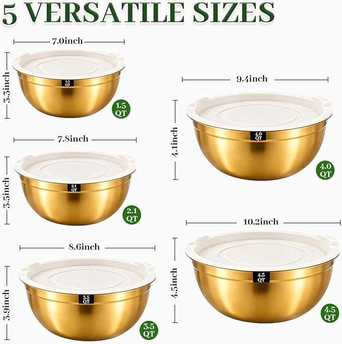 5-Piece Gold Stainless Steel Mixing Bowls with White Lids, Nesting Mixing Bowl Set in 1.5, 2.1, 3.5, 4 and 4.5 QT Sizes for Baking, Cooking, Meal Prep, Salad, Everyday Kitchen Use and Food Prep