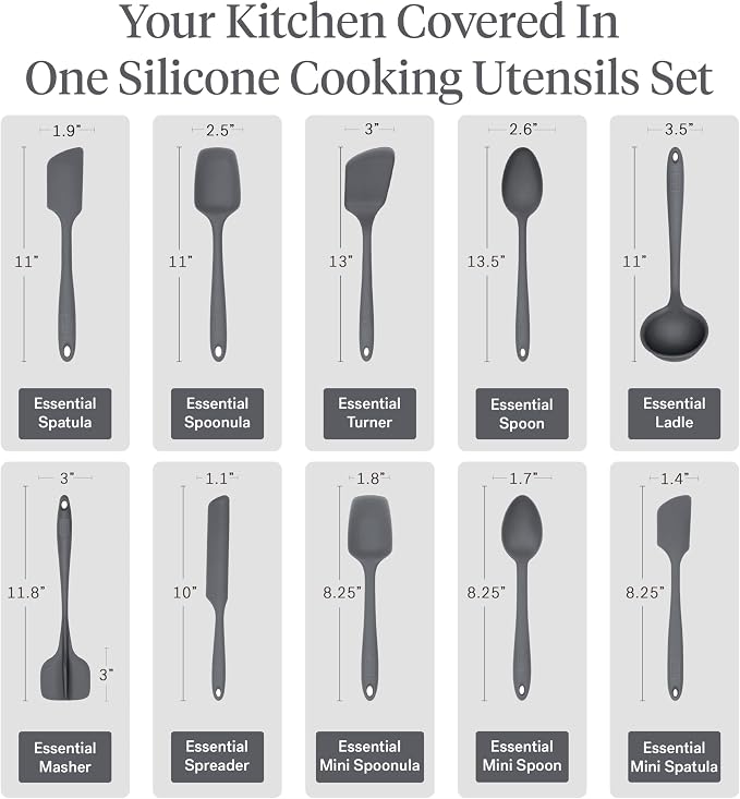 GIR: Get It Right 10-Piece Silicone Essentials Kitchen utensils set - Ladle, Spatula, Flip, Spoon & Spoonula - Non toxic cooking utensils for Nonstick Cookware, Cooking and Baking - Charcoal