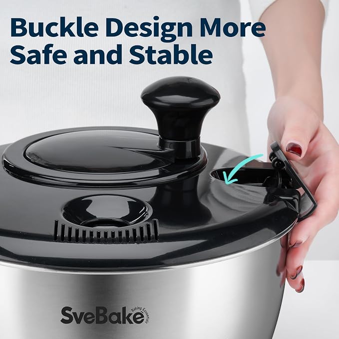 Stainless Steel Salad Spinner, 4.8 Qt Vegetable Washer, BPA-Free Lettuce Dryer with Crank Design, Dishwasher Safe, Non-Slip Base - Black Lid