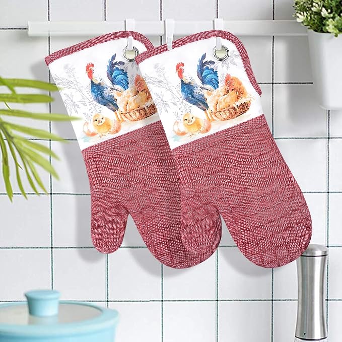 Silicone Printing Oven Mitts Heat Resistant to 500 Degree,Yarm-Dyed Oven Gloves with Animal Design Non-Slip for Kitchen Cooking Barbecue Baking and Machine Washable.(Red Oven Mitts)