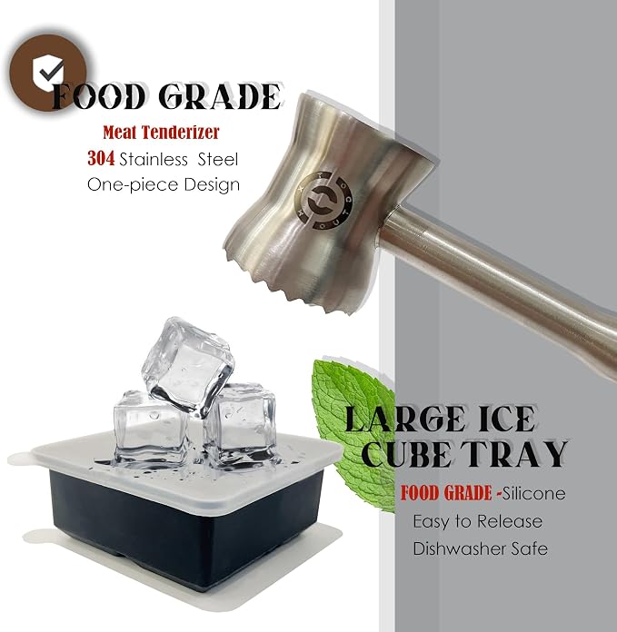 Stainless Steel Meat Tenderizer Tools, Heavy Duty Kitchen Meat Hammer with a 4-hole Silicone Ice Box,Meat Mallet Meat Pounder Waisted Model Designed For Steak, Chicken, Beef, Pork, Nuts