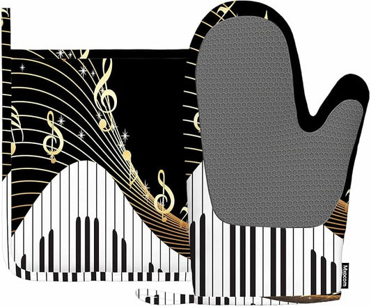 Mxocom Piano and Music Note Heat-Resistant Oven Mitts and Pot Holder Instrument Melodic Letter Twinkle Black Kitchen Non-Slip Cooking Microwave Gloves for Cooking Baking Grilling