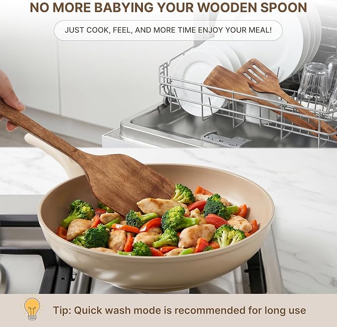 Dishwasher Safe Wooden Spatula Set, 2 Pcs Acacia Wood Solid & Slotted Turner for Nonstick Pans, Wok, Pancakes, Eggs, Fish, Long-Lasting, Water & Crack Resistant, Perfect for Flipping, Cooking, Frying
