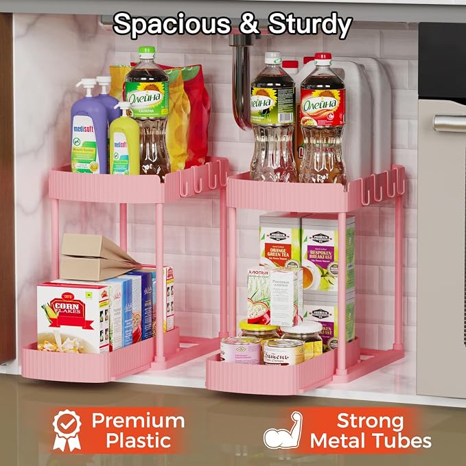2 Packs Under Sink Pull-Out Storage Organizers, 12.8 Inches, Pink | Multi-Purpose Cabinet Organizers and Storage for Bathroom & Kitchen
