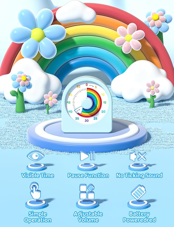 LIORQUE Visual Timer for Kids with Pause Function,Timer for Kids and Adults, Protective Case, Silent Time Management Tool, 60-Minute Countdown for Classroom, Meetings, Study, Kitchen (Rainbow Blue)