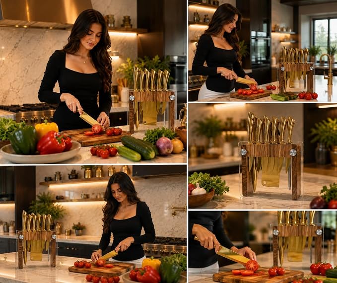 La Onirique 13-Piece Gold Kitchen Knife Set with Olive Wood Knife Block with Glass Panels, 5Cr15 Stainless Steel Chef Knife Set, Steak Knives, Cleaver, Bread Knife, Kitchen Scissors