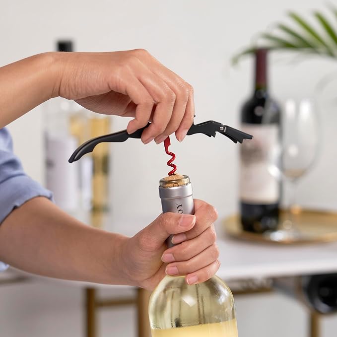 True Truetap Double Hinged Waiter's Corkscrew Wine Opener, Stainless Steel Wine Bottle Opener with Built In Foil Cutter, Home Bar Tools, Bar Cart Accessories, Wedding Gifts, Set of 1, Black Red
