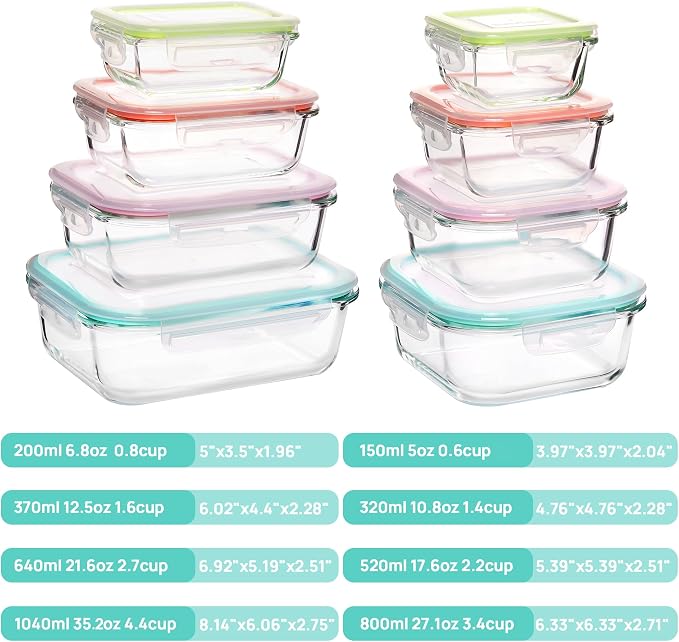 Vtopmart 8 Pack Glass Food Storage Containers with Airtight Lids | Meal Prep Lunch Containers, Leakproof, Leftover Storage, Take-out, Microwave, Oven, Freezer and Dishwasher Safe, BPA Free