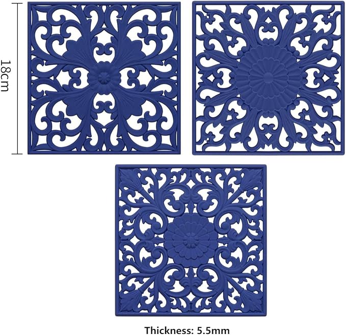 Silicone Trivets for Hot Dishes, Square Silicone Trivets for Pots and Pans, Hot Pads for Kitchen Counter, Multi Function Trivet Mat for Table, Flexible Silicon Pot Holders Set 3 Navy