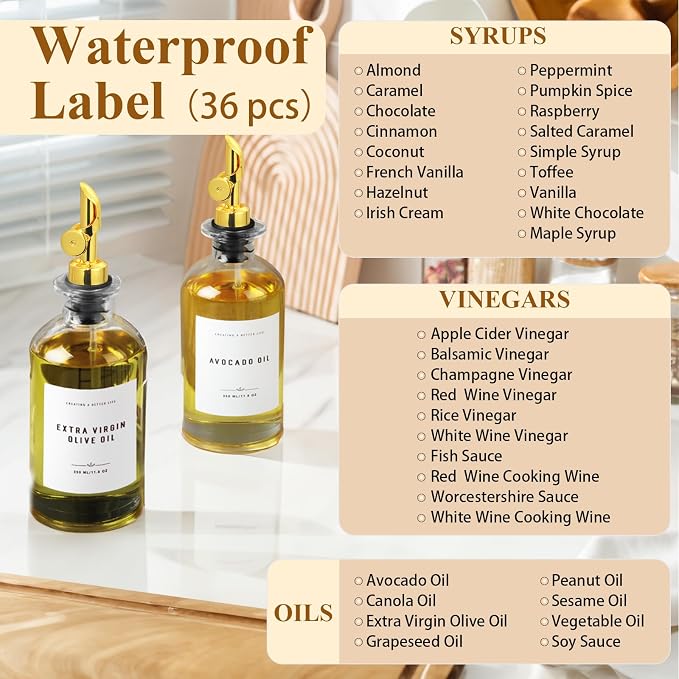 Olive Oil Dispenser Bottle with Bamboo Tray, Metal Pour Spout, Coffee Syrup & Cooking Oil Dispenser for Kitchen