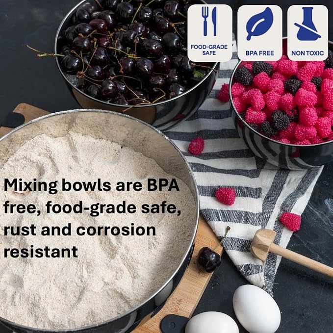 Stainless Steel Mixing Bowls Set, 3-Piece with Silicone Base | 1.5, 3 & 5 Qt Metal Bowls for Meal Prep, Baking, Cooking, Serving & Food Storage, Non-Slip Base, Dishwasher Safe, Black