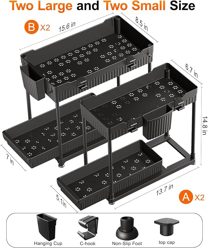 4-Pack 2-Tier Under Sink Organizer with Pull Out Drawers | Multi-use kitchen & bathroom storage. Includes hanging hooks and cups. Black, space-saving cabinet design. 14.8 Inch