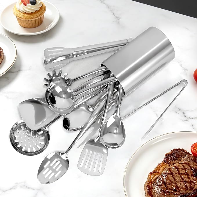 304 Stainless Steel Cooking Utensils Set for Kitchen Utensils Set with Holder, 12 PCS Large Metal Cooking Utensil Tools Set with Holder,Fork,Spatulas,Spoons,Skimmer,Ladle,Tong