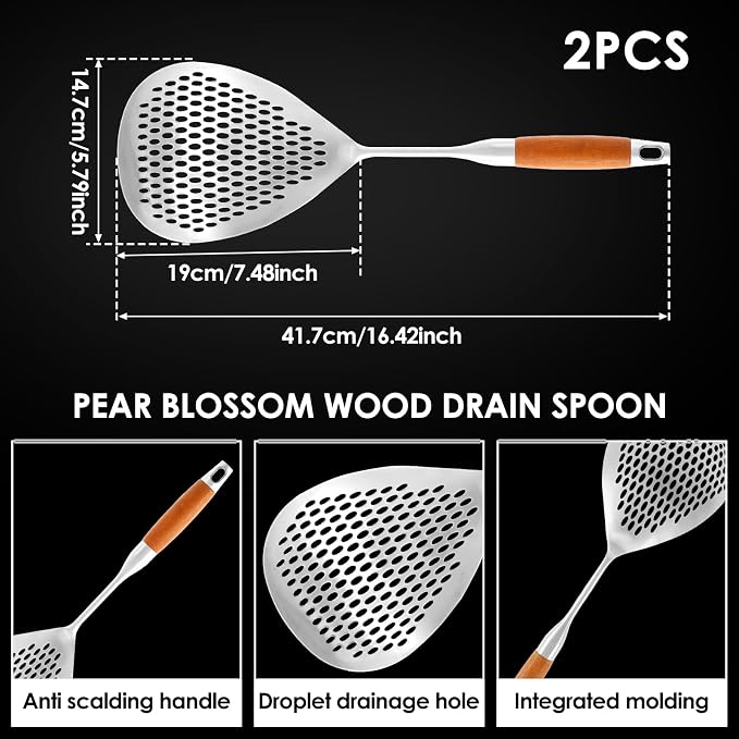 2 Pcs Skimmer Slotted Spoon, Skimmer Spoon, 16.4" Strainer Spoon Pasta Strainer/Frying Spoon with Anti Scald Wood Handle, Heat Resistant Skimmer Ladle Spoon for Cooking, Kitchen Metal Scoop Colander