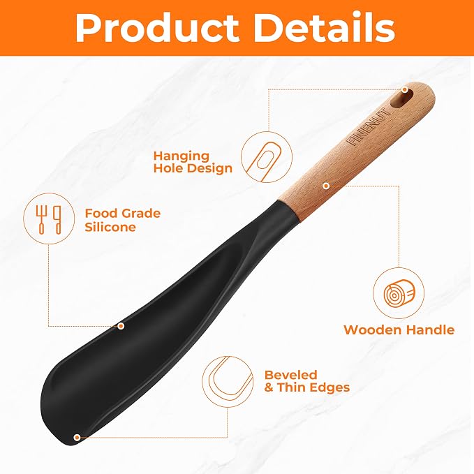 2-Pack Silicone Cooking Spoons with Wood Handle & S-Hooks - Heat Resistant 446°F Spoonula for Nonstick Cookware - BPA Free Multifunction Spatula Spoon for Mixing, Scooping&Serving (Black&Gray)