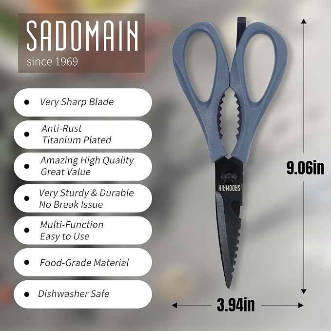 Kitchen Scissors All Purpose, Extra Sharp Kitchen Shears with Knife Sharpener & Sheath, Solid & Durable Stainless Steel Scissors with ANTI-RUST Black Titanium Plated, Dishwasher Safe - Blue