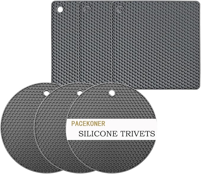 6-Pack Silicone Trivet Mats, Heat Resistant Hot Pads, Dishwasher Safe Kitchen Mats, BPA-Free Pot Holders for Table, Countertop, Stove, Honeycomb Design (Dark Grey, 7” Square/Round)