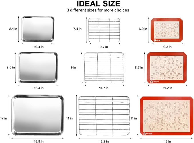 M MCIRCO Baking Sheet with Cooling Rack, Baking Mat Set, Set of 9 | Stainless Steel Cookie Pan with Cooling Rack, 3 Sheets + 3 Racks + 3 Mats, 10/12/16 Inch, Baking Pan, Easy Clean
