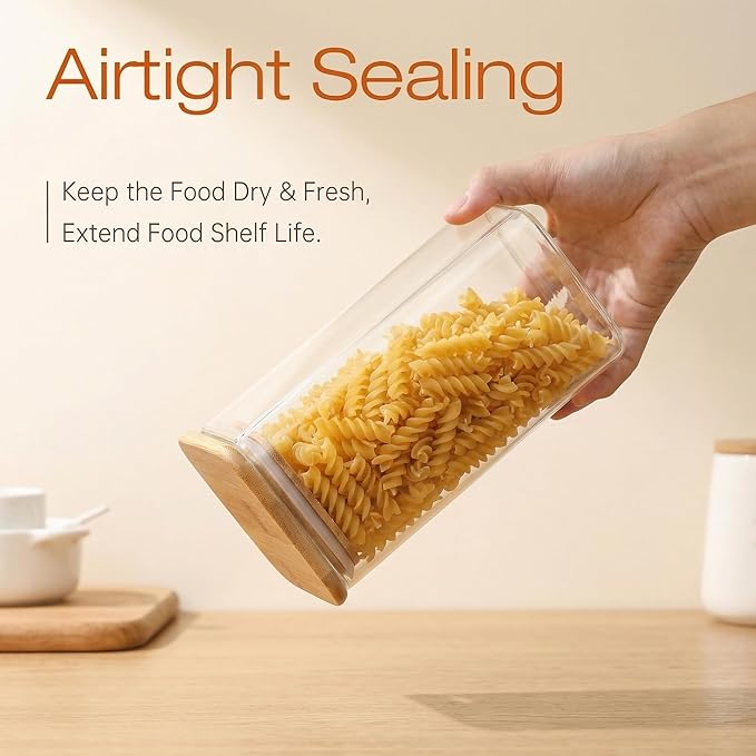 21 oz Square Glass Food Storage Containers with Airtight Bamboo Lids, 4Pack | Pantry Jars for Flour, Sugar, Pasta & Spices, Durable Borosilicate Glass Canister Keep Food Dry & Fresh, Easy to Fill & Clean