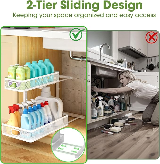 Under Sink Organizer 4-Pack, Metal 2-Tier Pull-Out Cabinet Shelf with Slide-Out Mesh Drawers, Height Adjustable, Space-Saving Storage Racks for Kitchen, Bathroom, Laundry Room, White