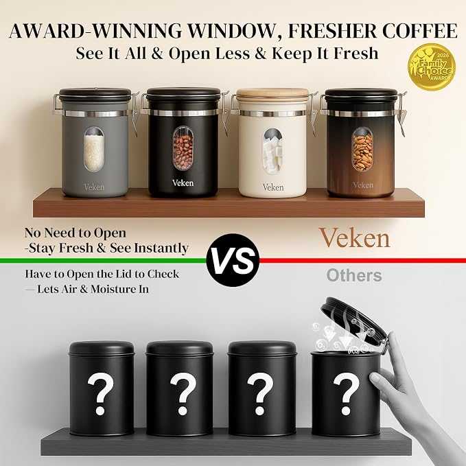 Veken Coffee Canister with Window, Airtight Stainless Steel Container, 22OZ | Date Tracker,Kitchen Food Storage Organizers for Beans, Ground, Espresso, Rice,Tea, Sugar,Cereal, Gifts,Lids,Jars, Scoop,Grey