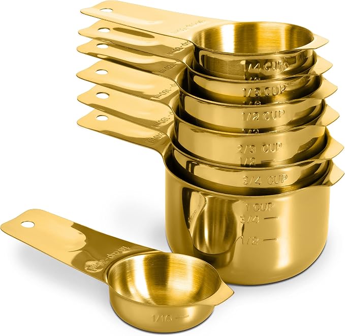 7-Piece 18/8 Stainless Steel Measuring Cups Set, Gold | Includes 1/16, 1/4, 1/3, 1/2, 2/3, 3/4 and 1 Cup, Engraved US and Metric Markings, Pour Spouts and Ring Connector