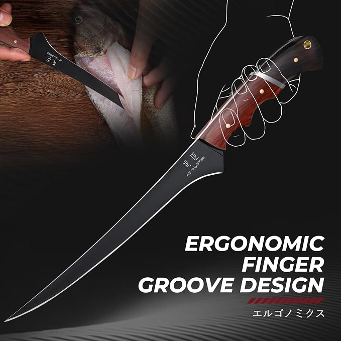 DRGSKL Fish Fillet Knife 7inch - Black Meat Slicing Knife in High Carbon Steel, Boning Knives for Meat Poultry Chicken Trimming, Fish Knives with Wooden Handle, Gift for Men