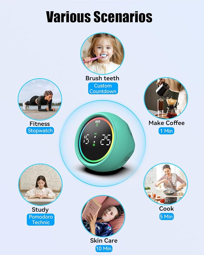 Pomodoro Timer Cube, Desk Timer for Productivity with 1, 5, 10 Min Preset Countdown, Stopwatch and Custom Countdown, for Kids, ADHD, Study, Work, Fitness, Cooking (Cyan)