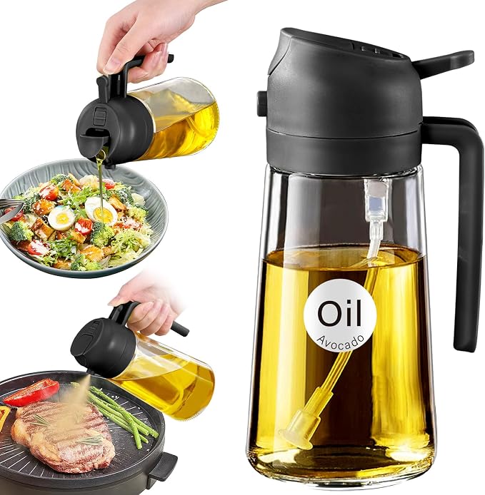YARRAMATE 16 oz 2-in-1 Glass Olive Oil Sprayer for Cooking, Black | Food-grade dispenser bottle, 470 ml, spray and pour, portion control, stickers included, for salad, frying and BBQ