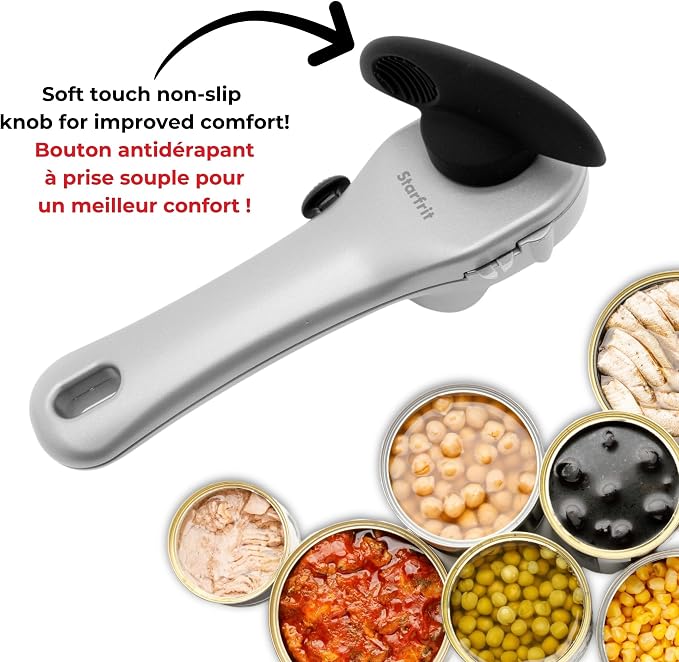 Starfrit Securimax Auto Can Opener, Patented Safe Edge Technology with Lid Lifter, Leaves No Sharp Edges on Lid & Can, Ambidextrous Use, Heavy Duty Non-Slip Knob for Secure Handling