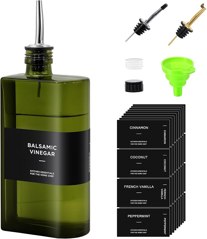 R DRURLCD Dark Green Glass Olive Oil Dispenser 17 oz, Coffee Syrup Container UV Protected Jar,Ergonomic Curved Grip,304 Stainless Steel Spout Oil Vinegar Dispenser Bottle for Kitchen Cooking BBQ